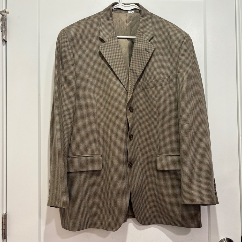 Chaps Ralph Lauren Mens 43R Silk Wool Houndstooth Blazer Sport Coat Tan Brown